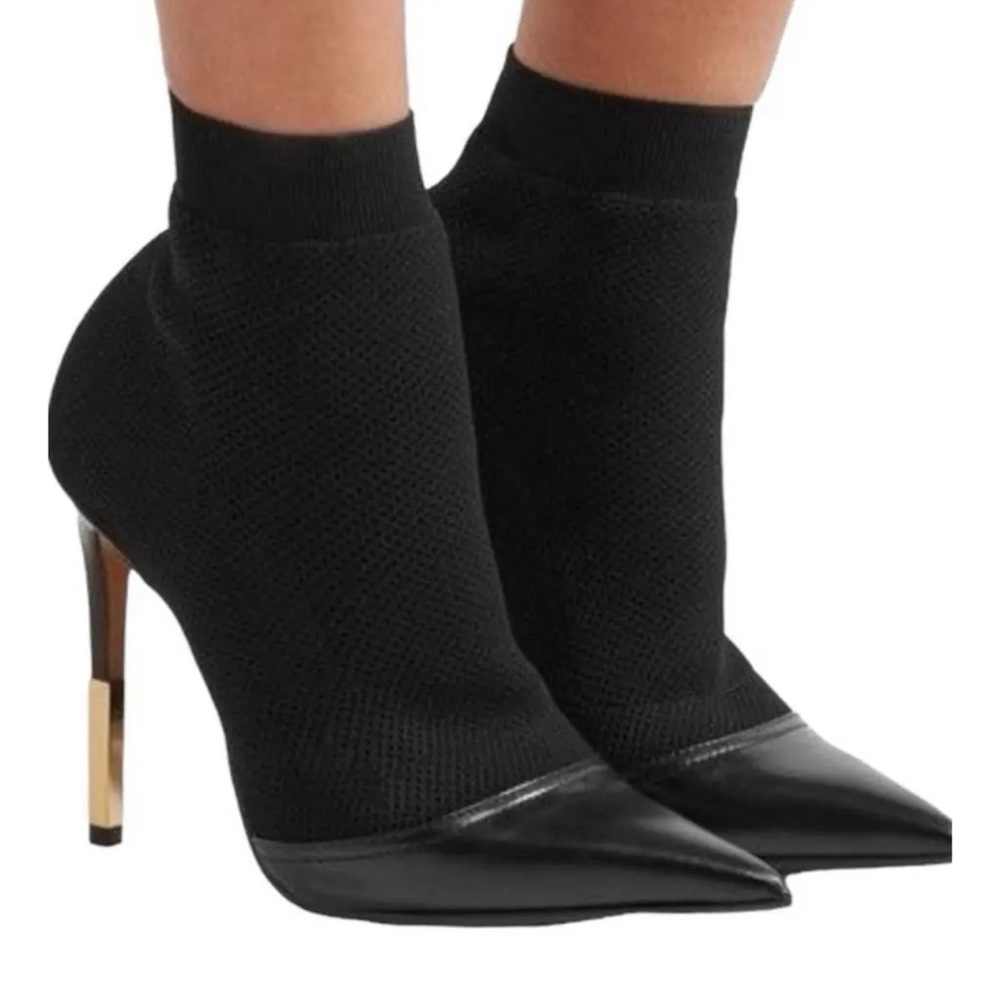 Balmain Black Knit Sock Pointed-Toe Stiletto Ankle Boots